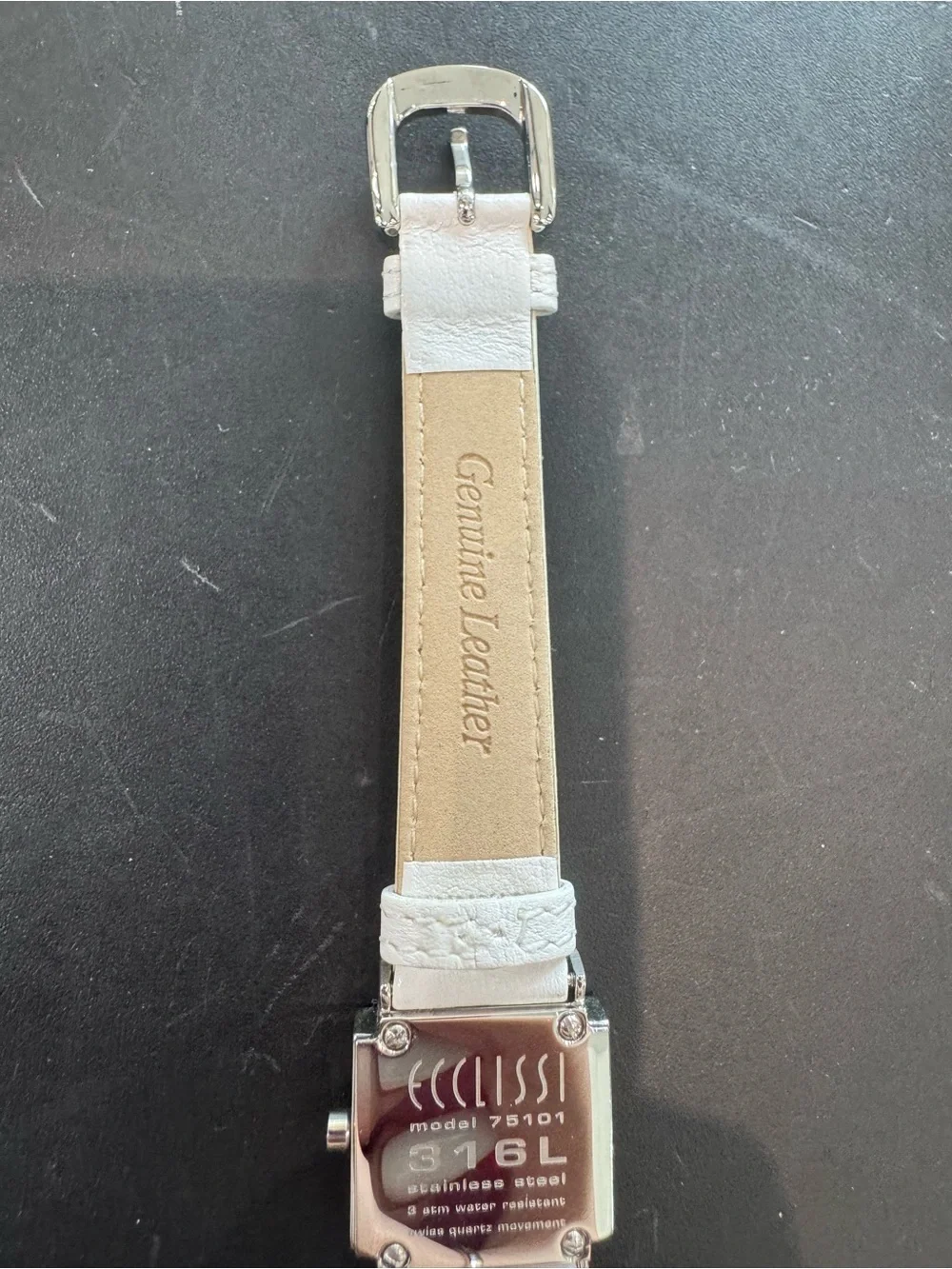 Ecclissi Silver Watch Rectangle Tank Case Salmon Copper Dial White Leather Band